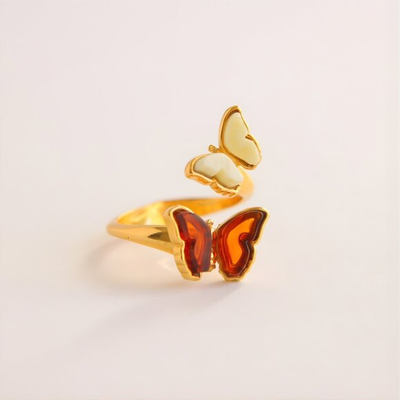 Baltic Amber Butterfly Ring in 14k Gold Plated Sterling Silver - Picture 3 of 6